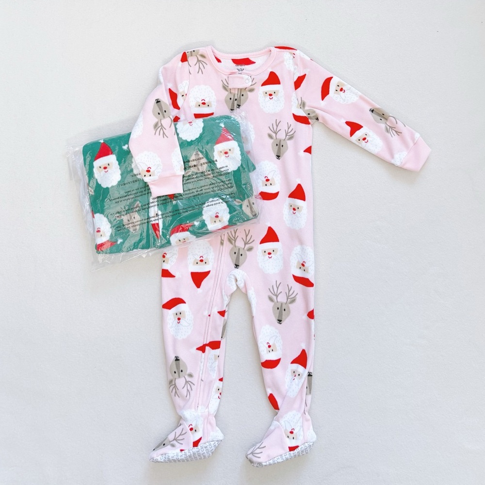 Carter's Fleece Santa Zip-up Long-Sleeve Footed Bodysuit 2-pc Set Pink Green 2T